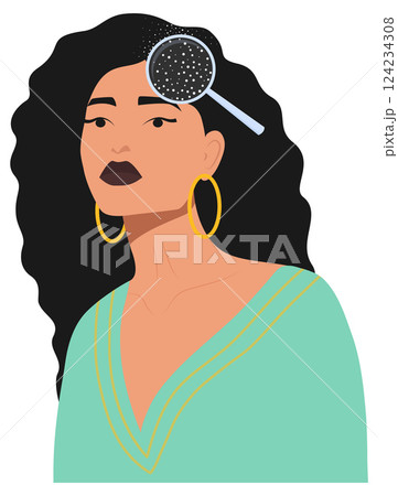Woman dandruff problem dirty head illustration. Hair scalp problem. Skin disease, dermatology Woman dandruff problem dirty head illustration. Hair scalp problem. Skin disease, dermatology 124234308