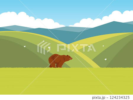 Aesthetic summer field and grizzly bear. Wildlife animals in nature. Grizzly bear walking in the spring Aesthetic summer field and grizzly bear. Wildlife animals in nature. Grizzly bear walking in the spring 124234325