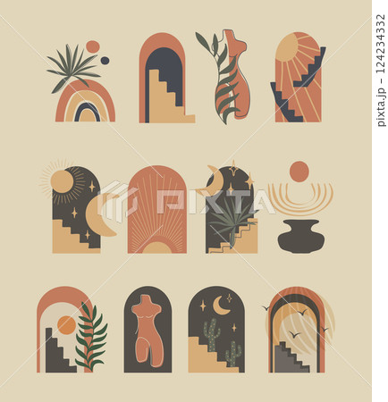 Cute cartoon Bohemian vector print elements. Abstract contemporary modern simple vector illustration 124234332