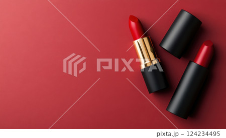 Luxurious red lipsticks on deep red background, perfect for glam looks Luxurious red lipsticks on deep red background, perfect for glam looks 124234495