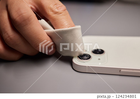 Broken smartphone screen close up view, macro photography. Phone repair and renovation background 124234801
