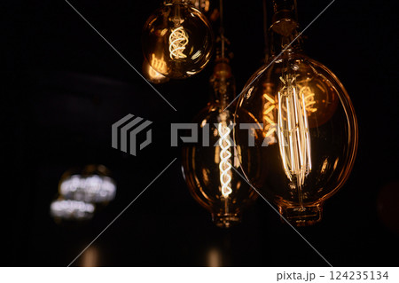 Decorative incandescent bulbs in Edison style on a brick wall background. Decorative incandescent bulbs in Edison style on a brick wall background. 124235134