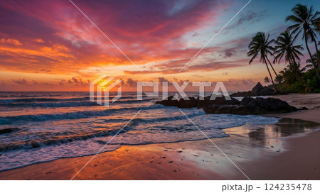 Beautiful Scenic sunset on the ocean shore 124235478