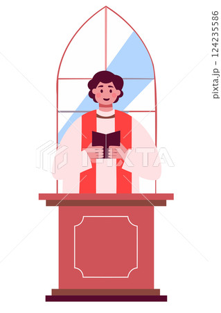 Priest reading from the bible in a church, standing at the altar with stained glass window in the background 124235586