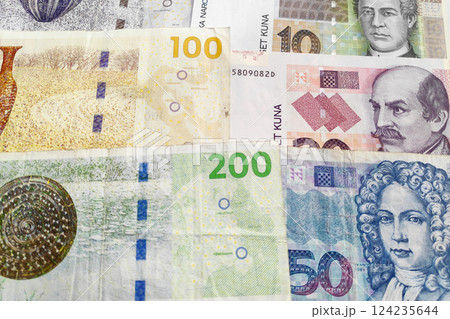 Stack of Danish Kroner and Croatian Kuna 124235644