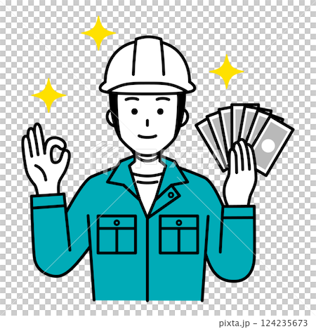 A male worker holding money and making an OK sign 124235673