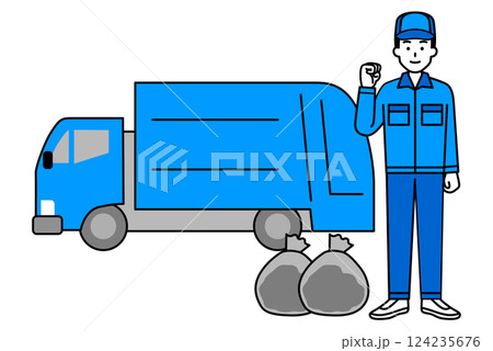 ゴミ収集車とガッツポーズをする作業員の男性 124235676