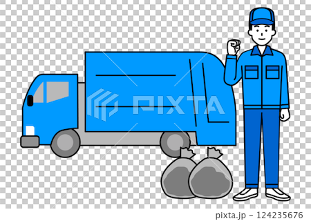 ゴミ収集車とガッツポーズをする作業員の男性 124235676