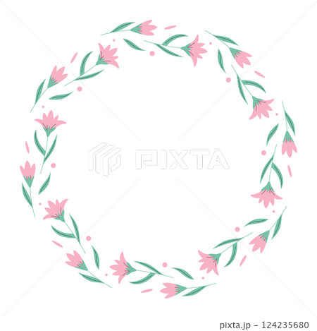 Spring wreath with pink flowers. Decorative element for cards, invitations, sale, scrapbooking. Vector illustration. 124235680