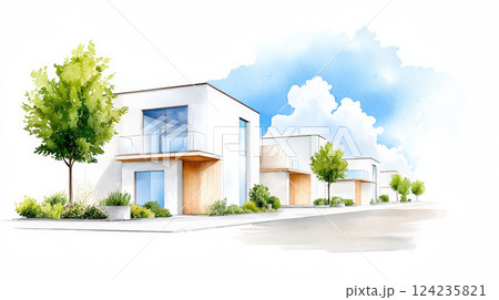 Modern sustainable urban development watercolor rendering with greenery 124235821