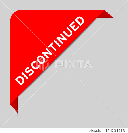 Red color of corner label banner with word discontinued on gray background 124235918