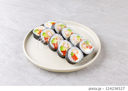 Japanese Sushi Rolls Philadelphia Uramaki Plate on Gray Background for Restaurant Menu or Food Delivery Japanese Sushi Rolls Philadelphia Uramaki Plate on Gray Background for Restaurant Menu or Food Delivery 124236527