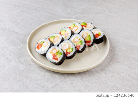 Japanese Sushi Rolls Philadelphia Uramaki Plate on Gray Background for Restaurant Menu or Food Delivery Japanese Sushi Rolls Philadelphia Uramaki Plate on Gray Background for Restaurant Menu or Food Delivery 124236540