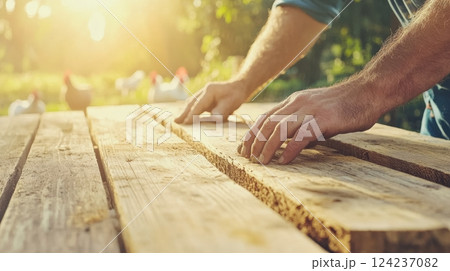 Farmer focuses on woodworking to build a chicken coop while free-range chickens roam nearby 124237082