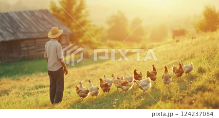 A farmer tends to free-range chickens under the golden sunlight, enhancing the tranquil rural atmosphere 124237084
