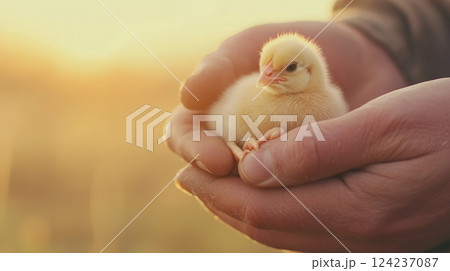 A farmer cradles a fluffy chick, bathed in warm light, showing care and tenderness 124237087