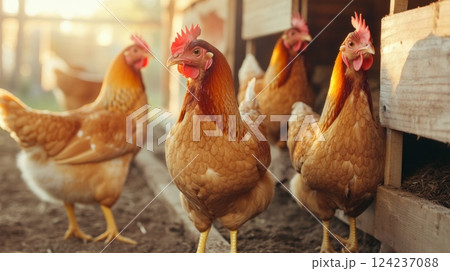 Chickens perch and explore nesting boxes in a cozy, well-lit wooden coop with soft sunlight filtering through 124237088