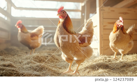Chickens explore their nesting boxes and roosts in a well-lit wooden coop during a sunny day 124237089