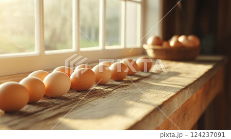 Fresh eggs rest on a wooden countertop, bathed in gentle morning light, enhancing the rustic kitchen's charm 124237091