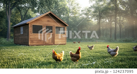 Free-range chickens wander around a stylish chicken coop in a serene, green backyard setting 124237095