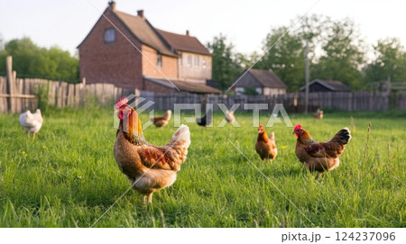 Free-range hens explore a lush backyard in a picturesque European village under the evening light 124237096