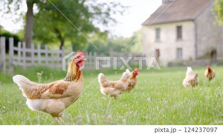 Oversized chickens forage peacefully in the grassy yard of a beautifully restored French townhouse 124237097
