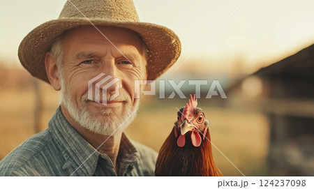 Farm owner smiles while holding a healthy hen, embodying the spirit of sustainable rural living 124237098