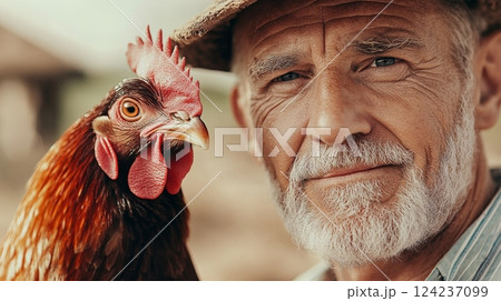 Farm owner showcases his healthy hen against a warm rural backdrop filled with natural light 124237099