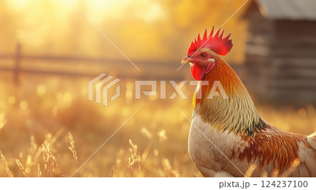 Rooster stands confidently in warm light, showcasing detailed feathers against a blurred rural background 124237100
