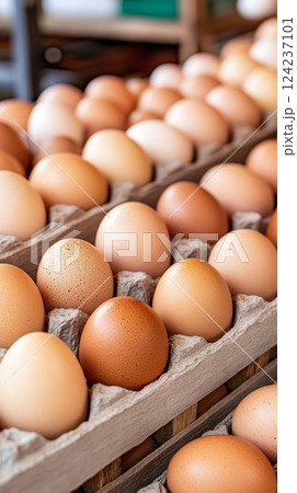 Neatly arranged fresh eggs in wooden crates captured in a warm, inviting market atmosphere 124237101