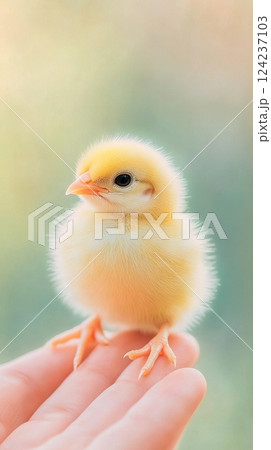 A delicate chick rests gently on a farmer's palm, symbolizing rural life and sustainable farming 124237103