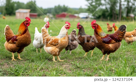 Colorful chickens roam freely in a picturesque farm environment, showcasing natural beauty and diversity 124237104
