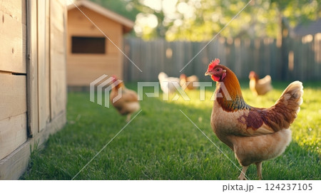 Small chicken coop offers fresh eggs while free-range chickens roam in a sunny suburban backyard 124237105