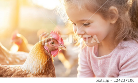 Girl smiles while feeding chickens in the backyard during a warm golden afternoon 124237106