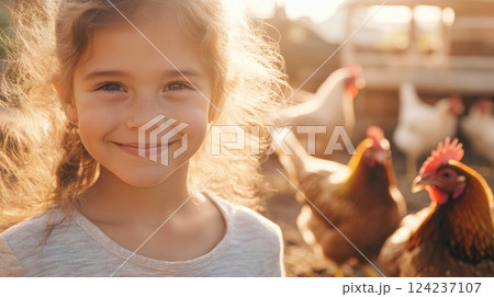 Girl feeds her pet chickens while enjoying a sunny afternoon in a backyard setting 124237107