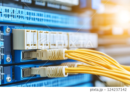 Ethernet Switch and Cables in Data Center for Network Connectivity and LAN Setup Ethernet Switch and Cables in Data Center for Network Connectivity and LAN Setup 124237142