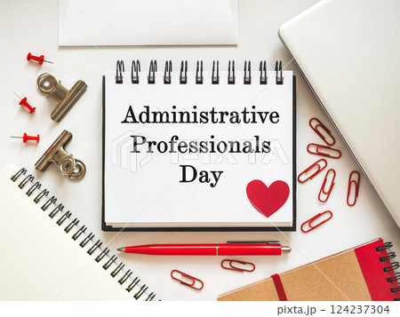 Happy Administrative Professionals Day. Notepad with congratulatory inscriptions 124237304