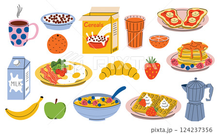Breakfast set with eggs and cereals, fruits and coffee, pancakes and orange juice. Breakfast set with eggs and cereals, fruits and coffee, pancakes and orange juice. 124237356