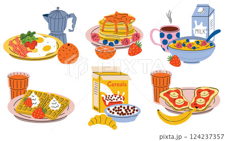 Breakfast food on plate set. Cartoon morning dish menu collection for cafe, home or hotel. Breakfast food on plate set. Cartoon morning dish menu collection for cafe, home or hotel. 124237357