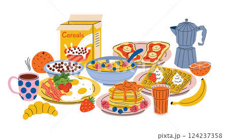 Breakfast food for family. Cartoon morning dish menu collection for cafe, home or hotel. 124237358