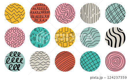 Set of round abstract round avatars with black textured patterns. Hand drawn doodle shapes. Curves, lines. Set of round abstract round avatars with black textured patterns. Hand drawn doodle shapes. Curves, lines. 124237359