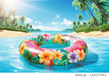 Inflatable ring floating on water in swimming pool 124237441