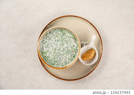 Portion of russian cold soup okroshka 124237491