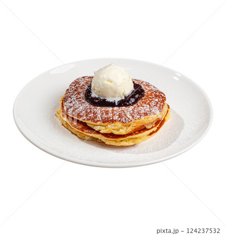 Portion of pancakes with blueberries and ice cream 124237532