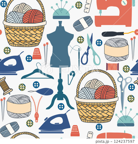 Hand drawn Various sewing tools seamless pattern. 124237597