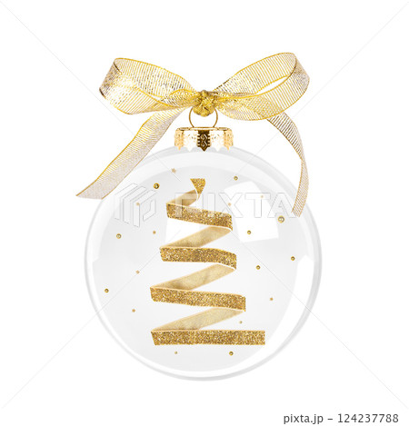 Christmas transparent glass ball with golden fir tree isolated on white background Christmas transparent glass ball with golden fir tree isolated on white background 124237788