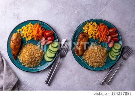 Healthybalanced food plate with chicken and vegetables Healthybalanced food plate with chicken and vegetables 124237885