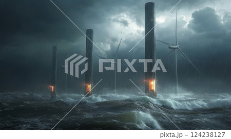 Stormy Skies Over Wind Turbines Ocean Digital Art Dramatic Aesthetic 124238127