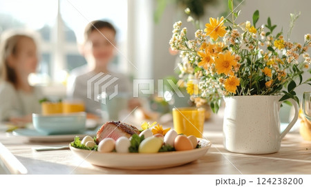Joyful Easter Sunday Family Gathering Kitchen Table Setting Bright Atmosphere Close-Up Celebration 124238200