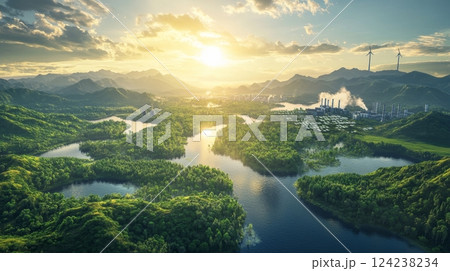 Digital Art of Pristine Sustainable City and Lush Clean Energy Environment 124238234